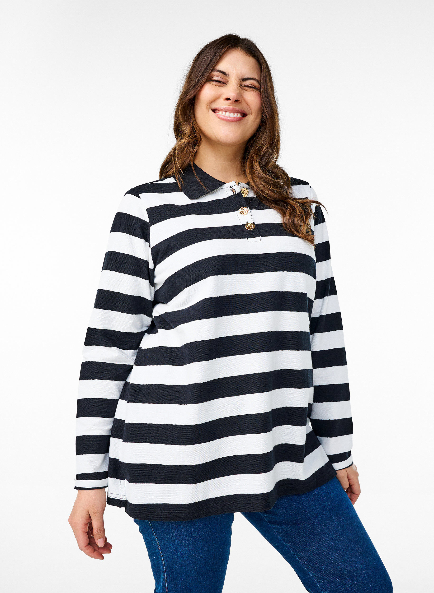 Zizzifashion Striped polo shirt with long sleeves, Black, Model image number 0