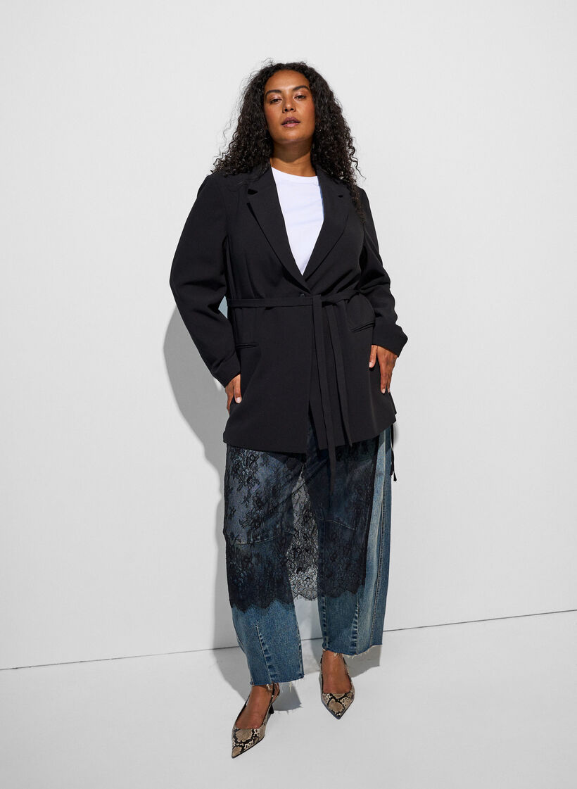 Blazer with detachable tie belt, Black, Model image number 1