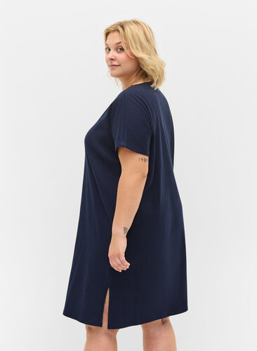 Short-sleeved cotton dress in rib knit, Navy Blazer, Model image number 1