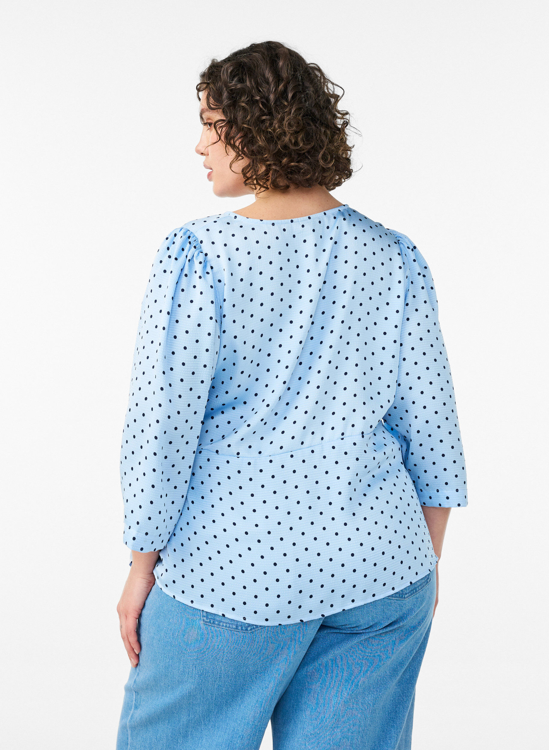 Zizzifashion Polka dot blouse with tie-fastening and 3/4-sleeves, Light Blue, Model image number 2
