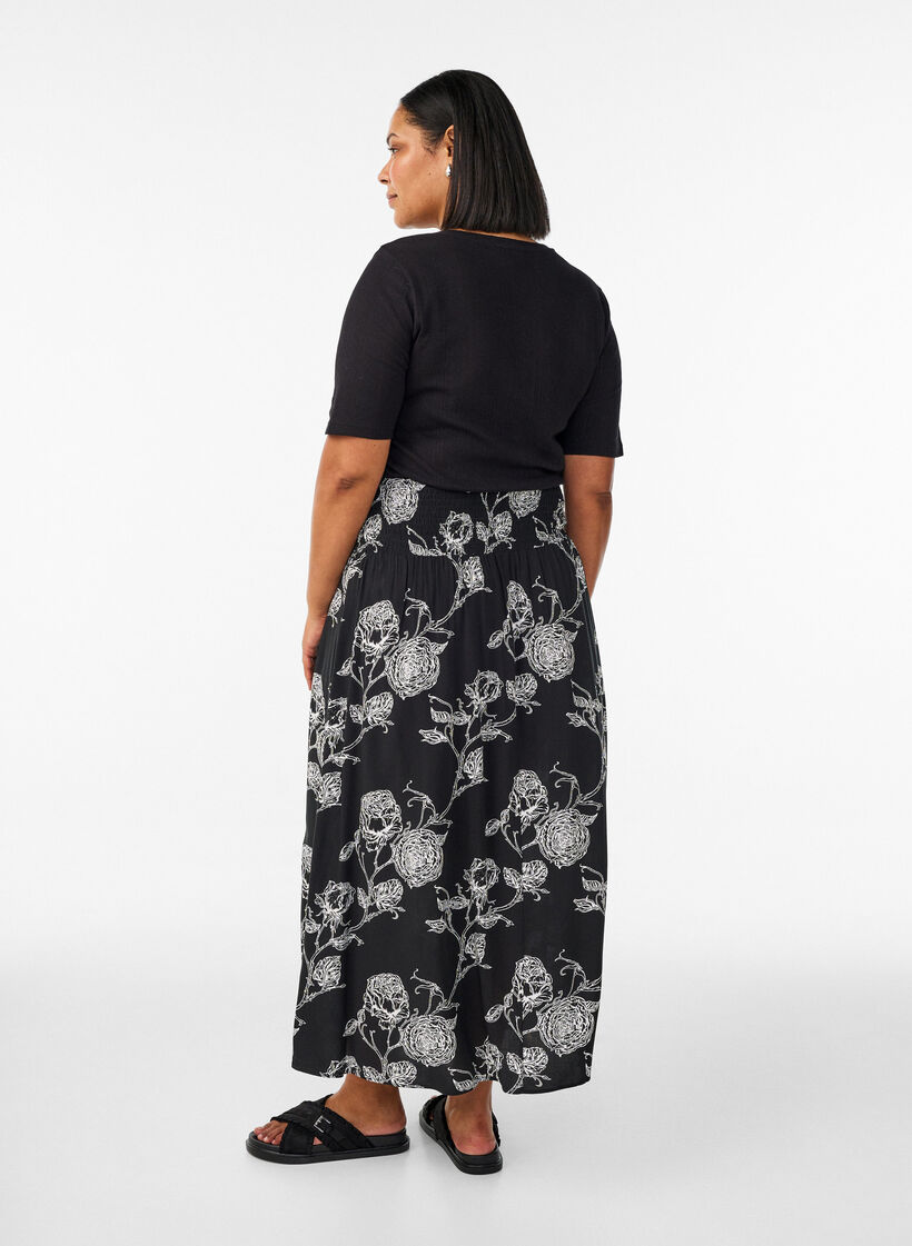 Viscose maxi skirt with smocking, Black, Model image number 1