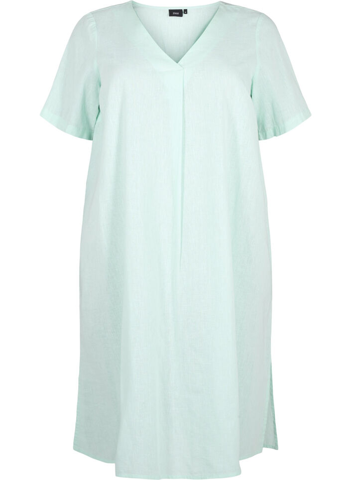 Cotton blend kaftan dress with linen, Green, Packshot image number 0