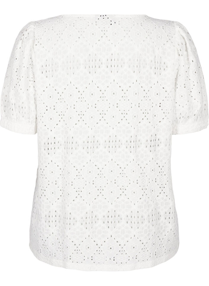 Short-sleeved blouse with lace pattern, Bright White, Packshot image number 1