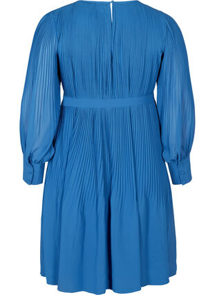 Long-sleeved plisse dress with a waist tie, Classic Blue , Packshot image number 1
