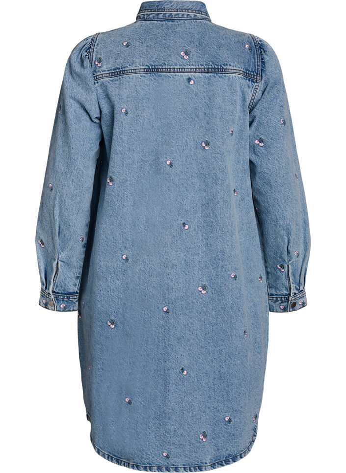 Denim dress with cherries and chest pockets, Light Blue, Packshot image number 1