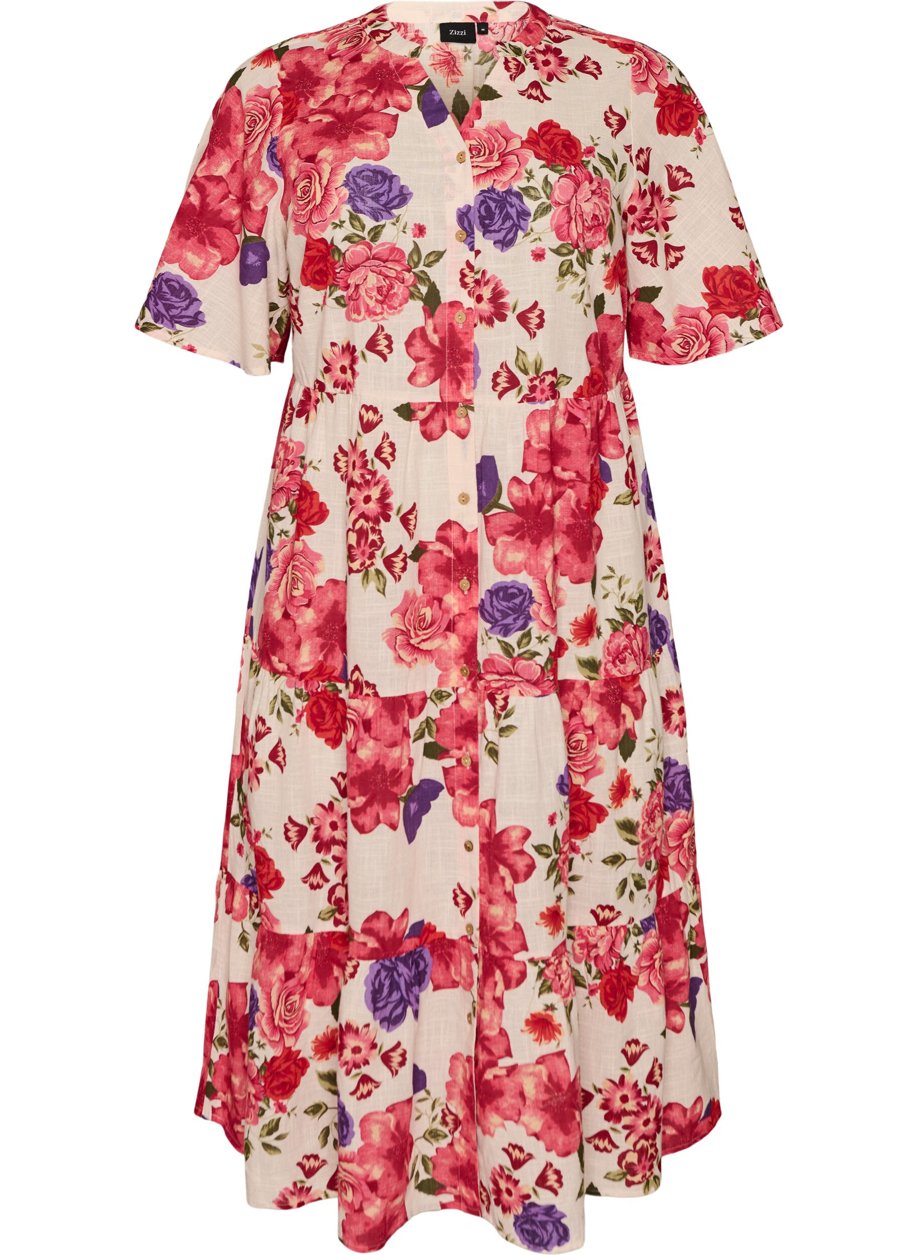 Zizzifashion Cotton midi dress with floral print, Red, Packshot image number 0