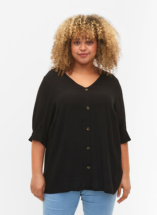 Viscose blouse with buttons, Black, Model image number 0