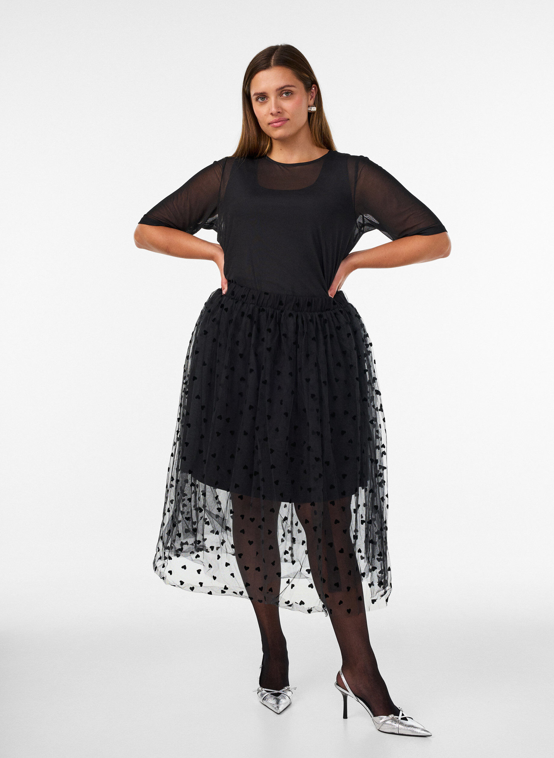 ZizzifashionMidi tulle skirt with hearts, Black, Model image number 1