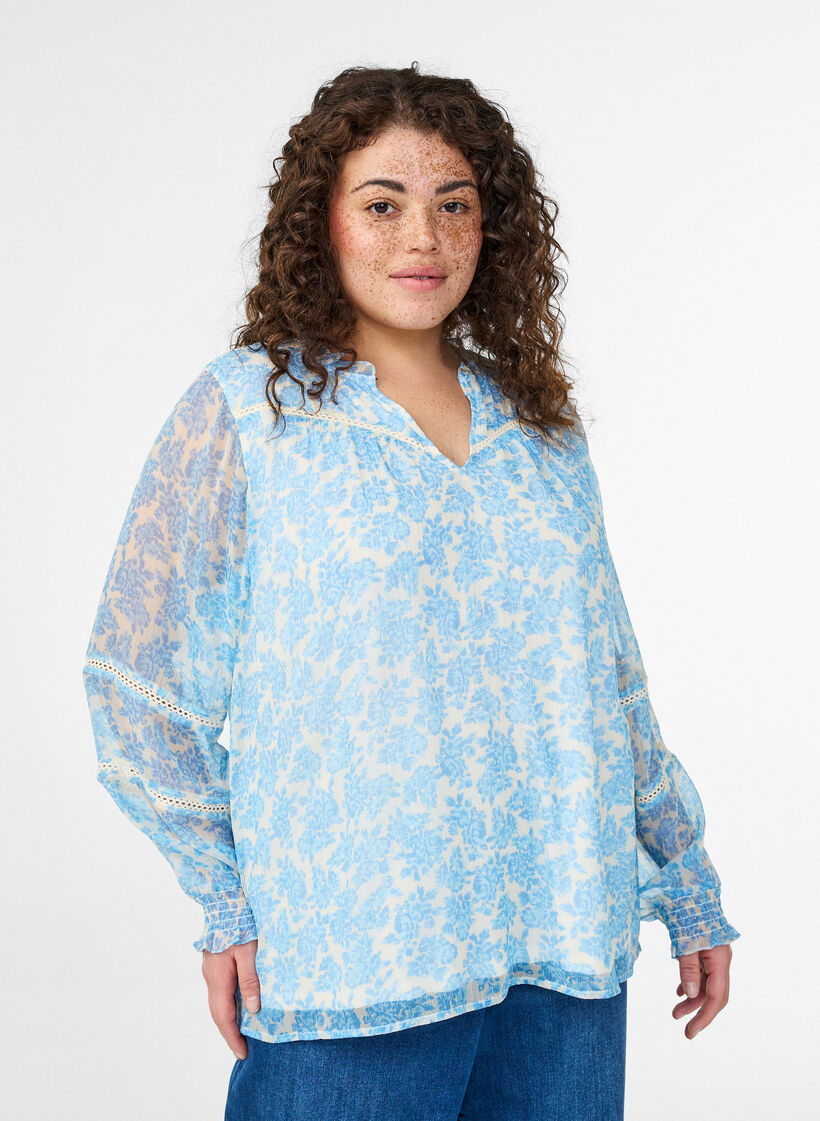 Chiffon blouse with floral print and crochet trim, Light Blue, Model image number 0