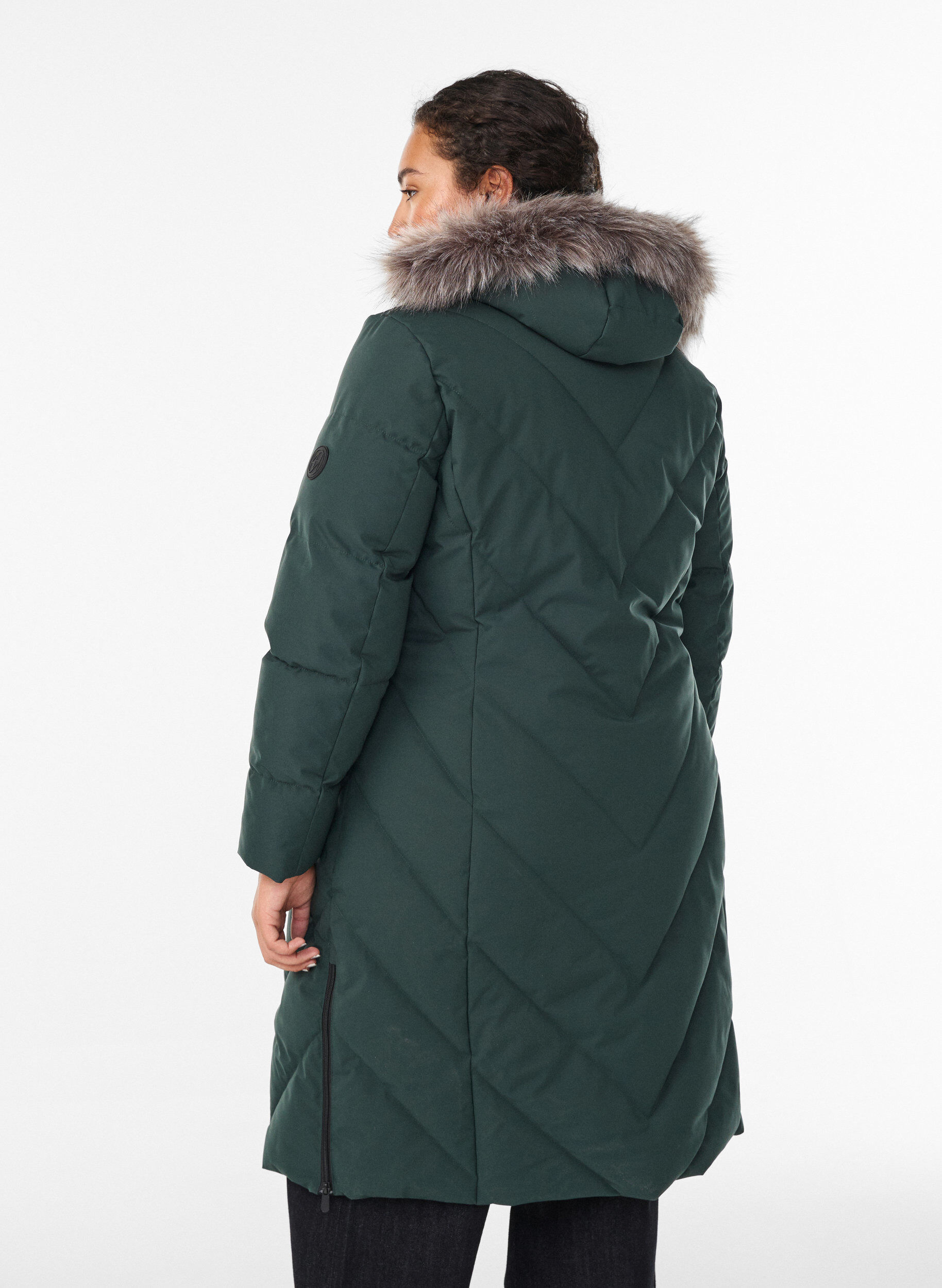 ZizzifashionLong winter coat with hook fastenings and a faux fur collar, Green, Model image number 2