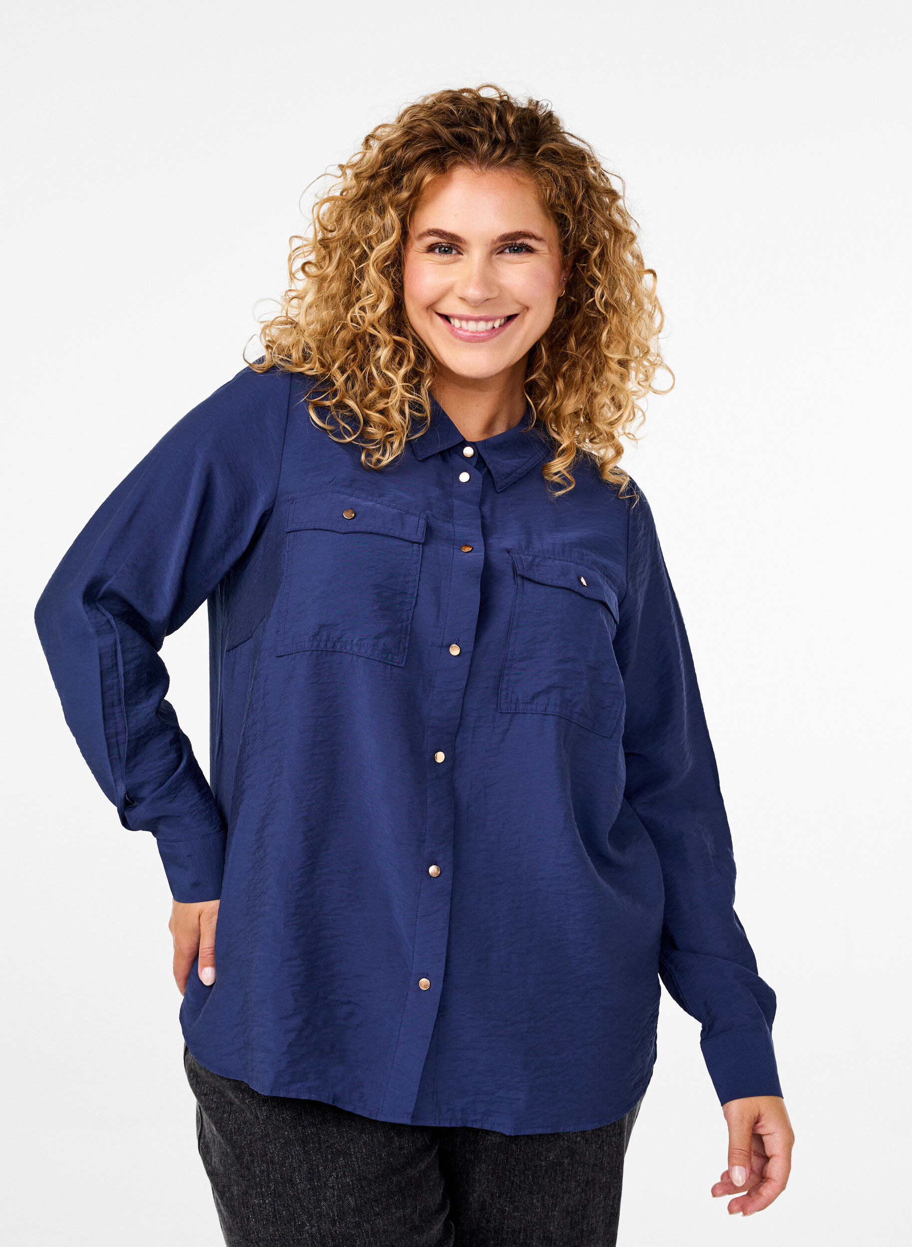 Zizzifashion Shirt with collar and chest pockets, Blue, Model image number 0