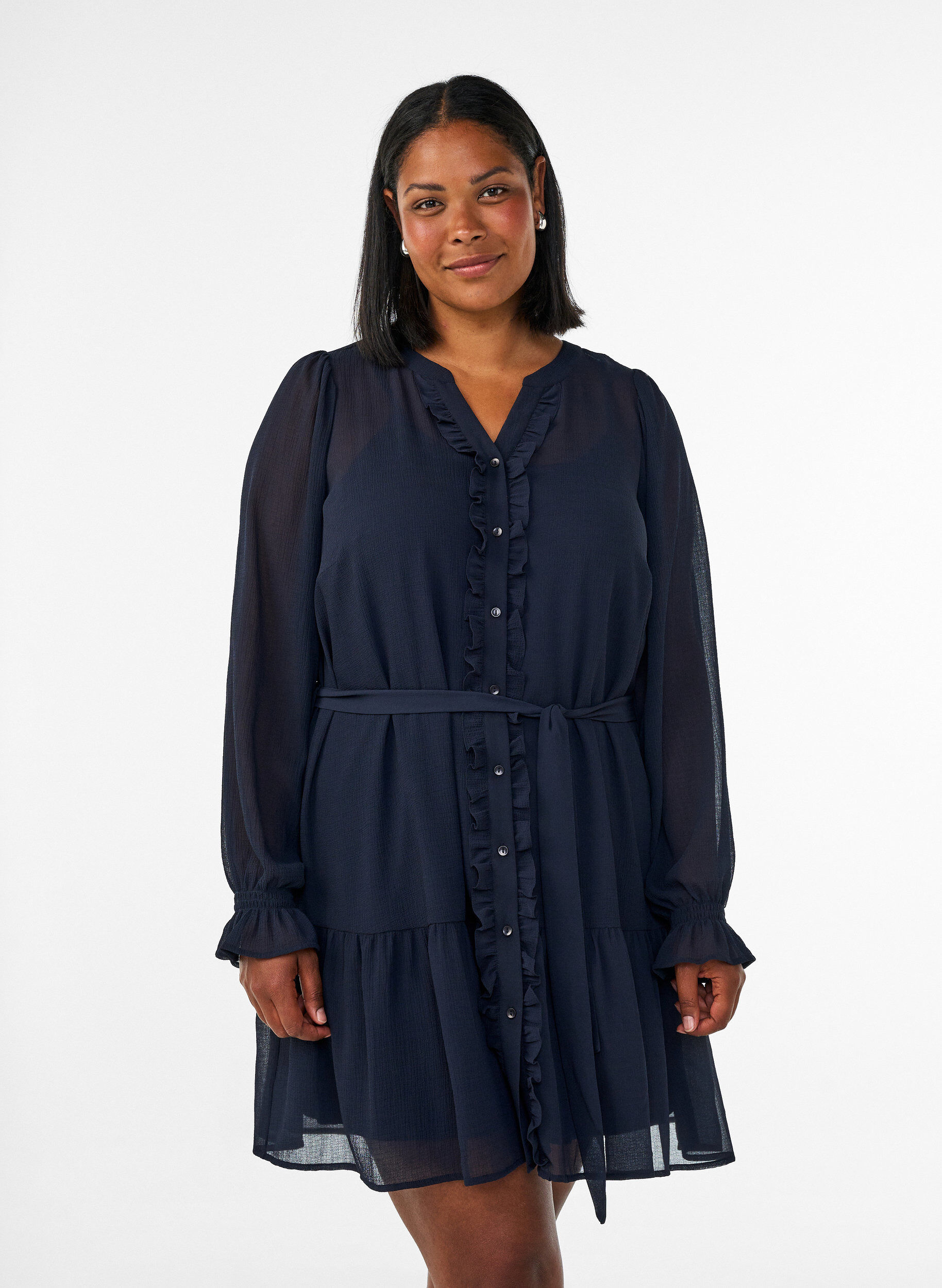ZizzifashionShort dress with ruffle details and a tie-belt, Blue, Model image number 0
