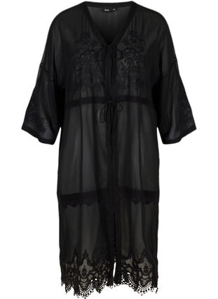 Long Kimono with 3/4 Sleeves and Embroidery, Black, Packshot image number 0