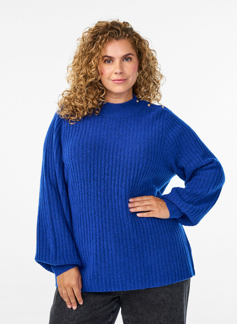 Ribbed jumper with puff sleeves and buttons, Blue, Model image number 0