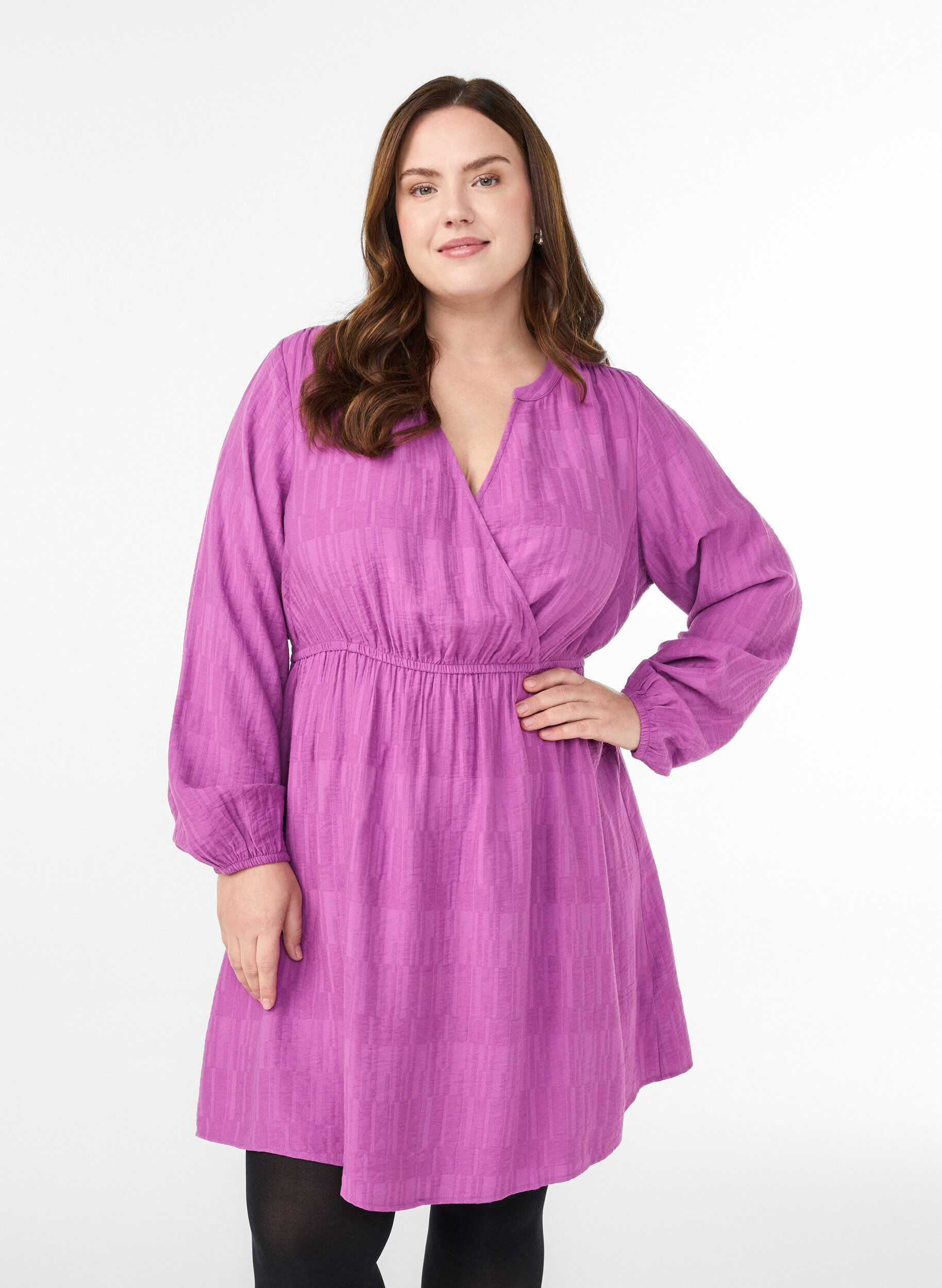Short textured dress with wrap look, Purple, Model