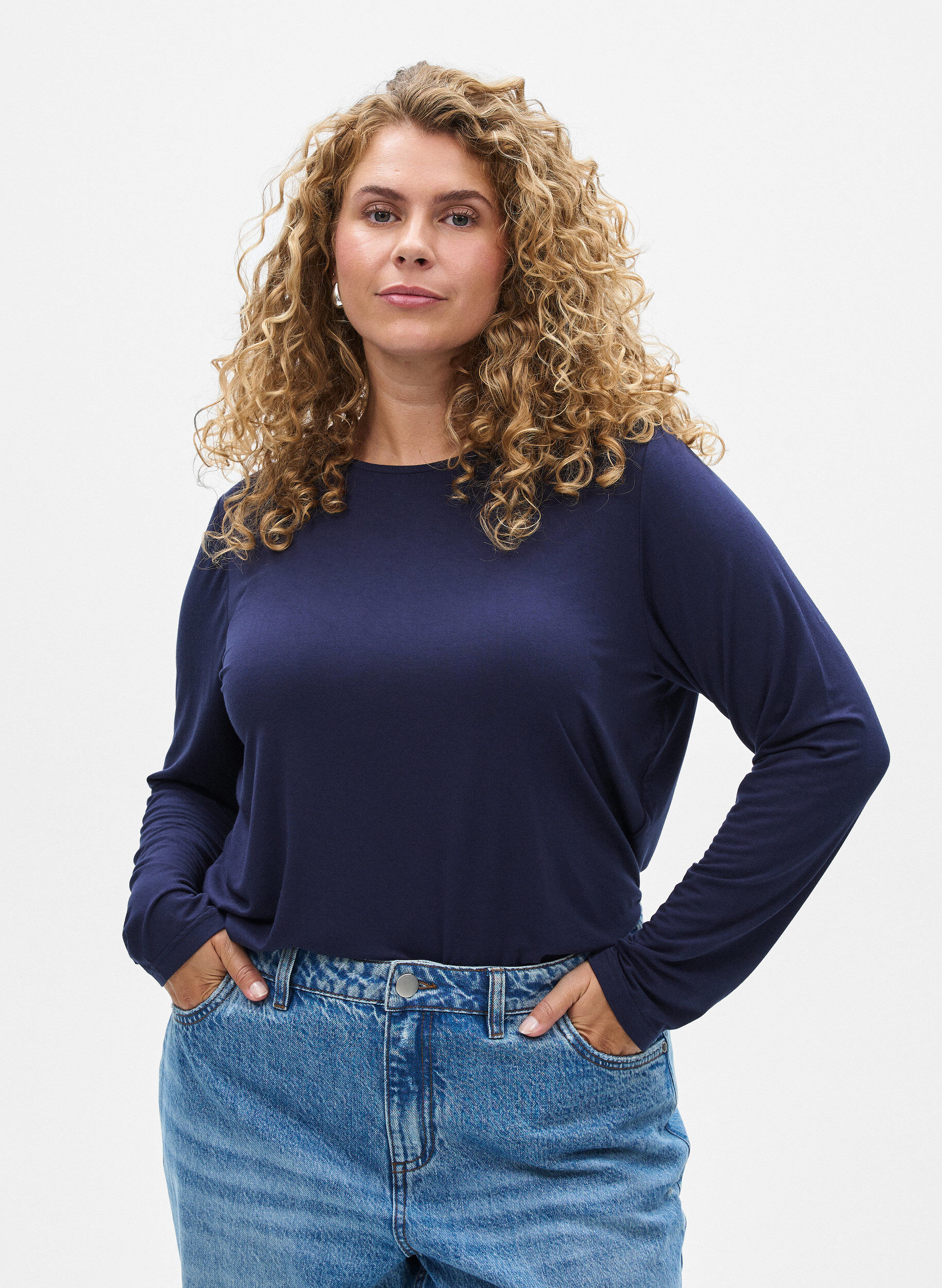 Zizzifashion Solid coloured blouse with long sleeves, Blue, Model image number 0