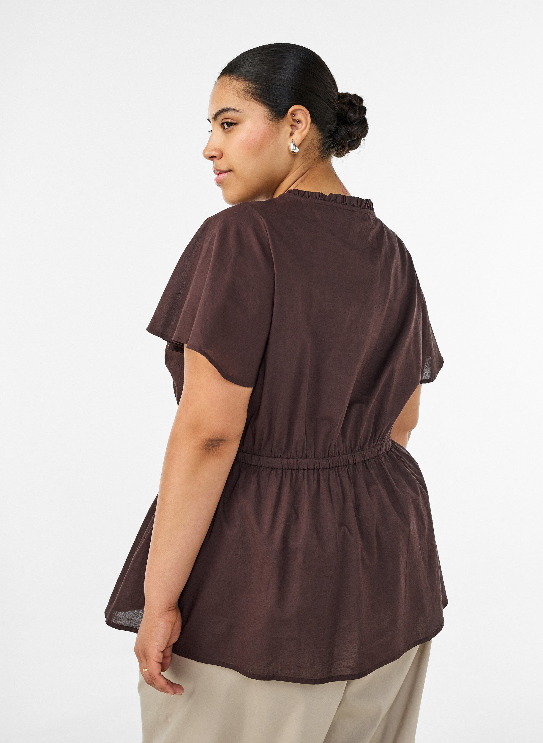 Zizzifashion Cotton blouse with tie-string and elastic waist, Brown, Model image number 2