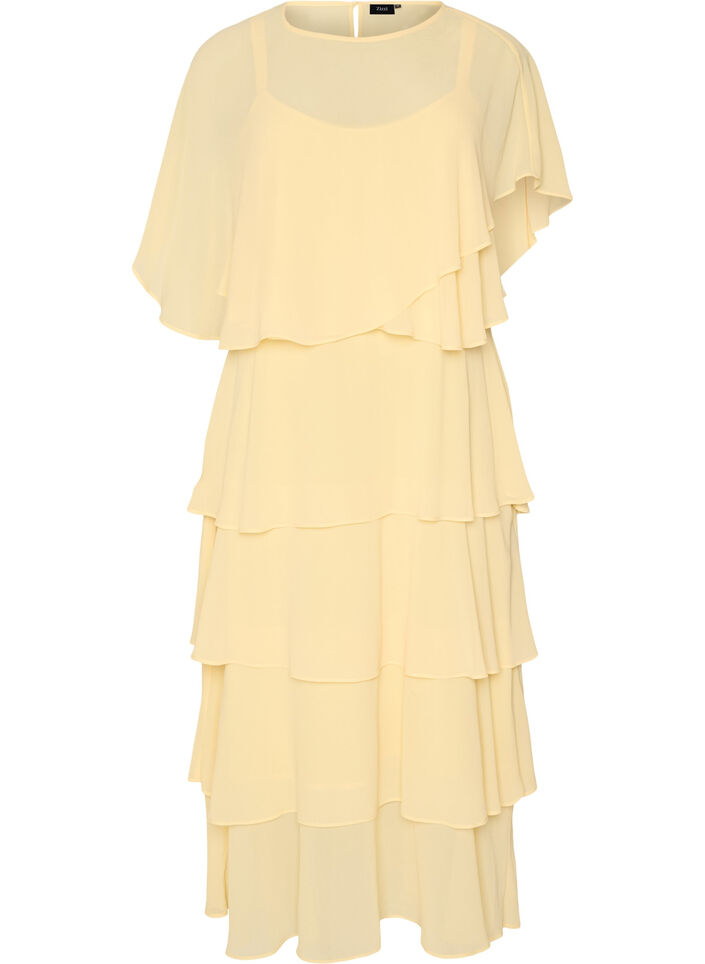 Maxi dress with ruffle layers and detachable cape, Yellow, Packshot image number 0