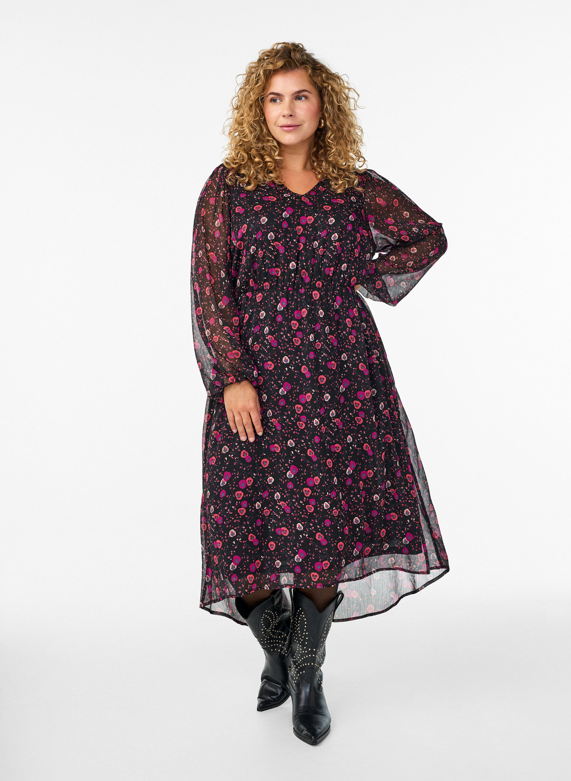 Zizzifashion Chiffon dress with floral print and long sleeves, Black, Model image number 0