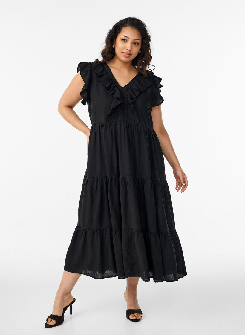 Sleeveless midi dress in linen and viscose with ruffles, Black, Model image number 0