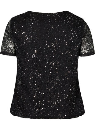 Short-sleeved lace blouse with sequins, Black, Packshot image number 1
