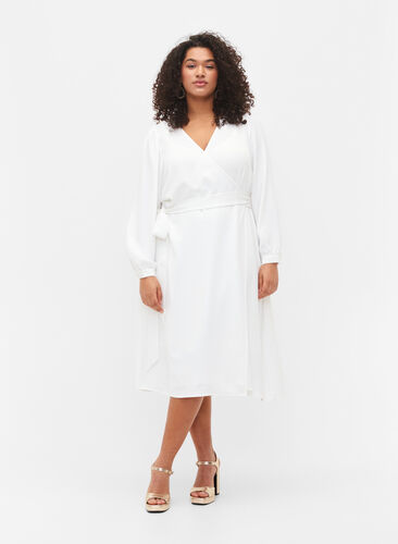 Wrap dress with long sleeves, Bright White, Model image number 0
