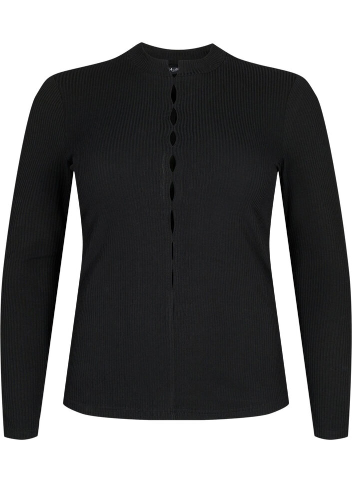 Long sleeve ribbed blouse with hole details, Black, Packshot image number 0