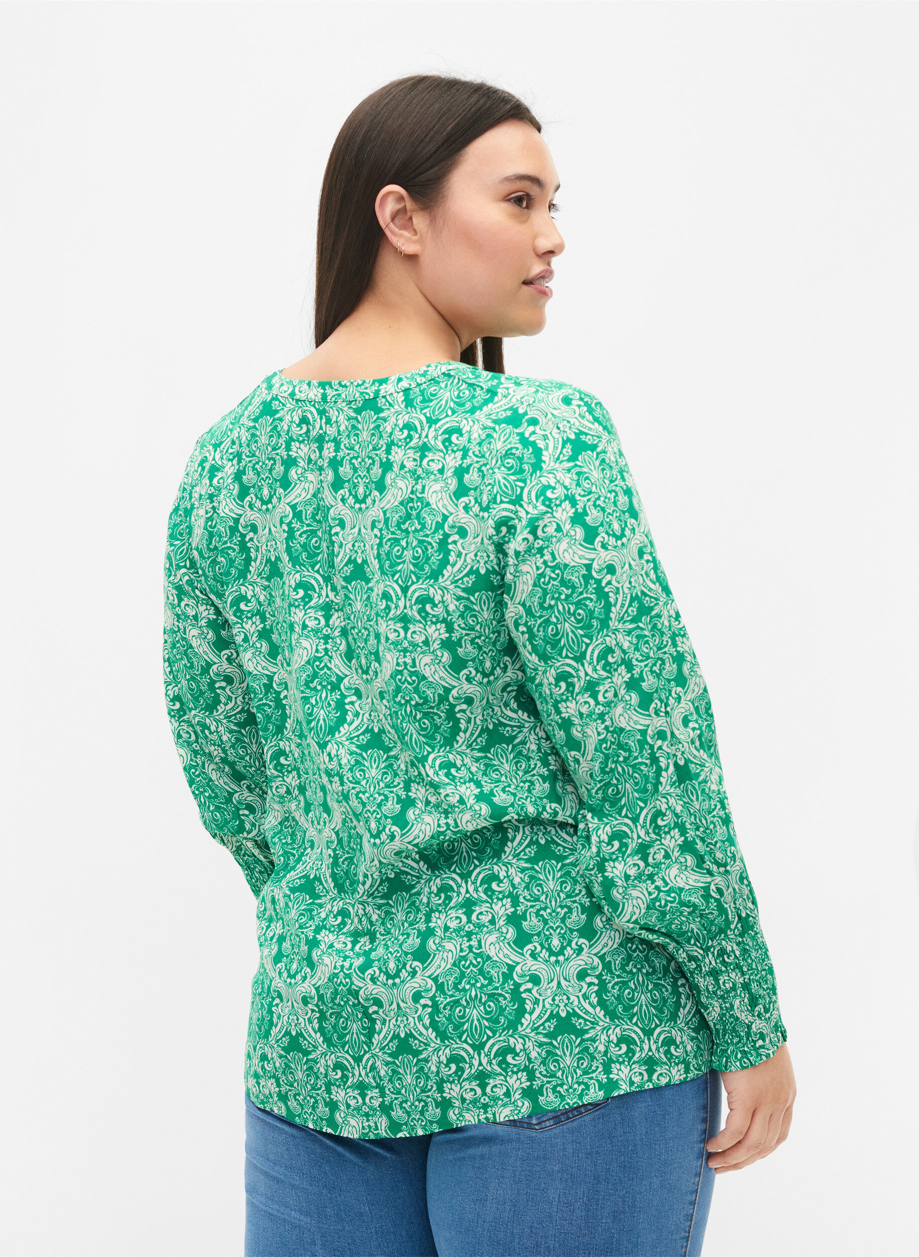 Zizzifashion Printed viscose top with smock, Jolly Green Oriental, Model image number 1