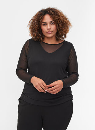 Close-fitting blouse with mesh, Black, Model image number 0
