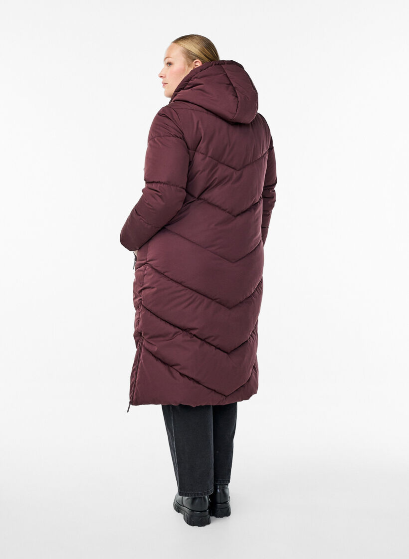 Long puffer coat with hood and pockets, Dark Bordeaux, Model image number 1