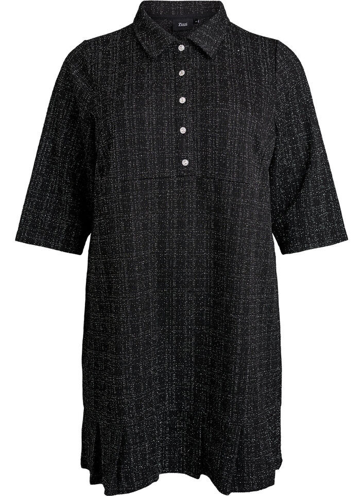 Short boucl&eacute; dress with decorative buttons, Black, Packshot image number 0