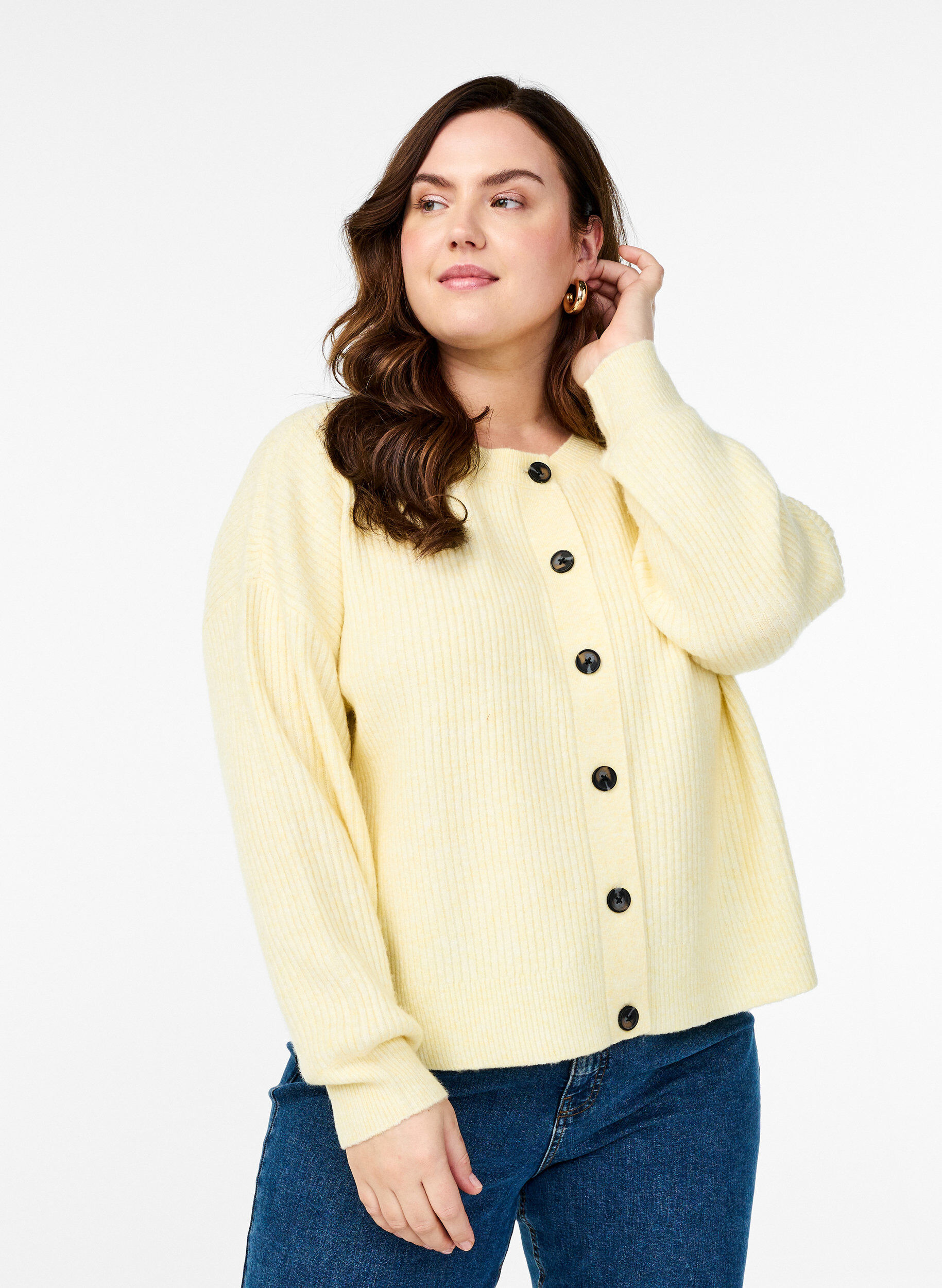 Zizzifashion Rib knit cardigan with buttons, Yellow, Model image number 0