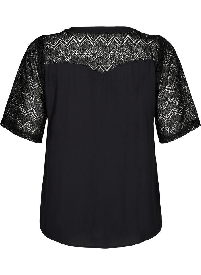Shirt blouse with short lace sleeves, Black, Packshot image number 1