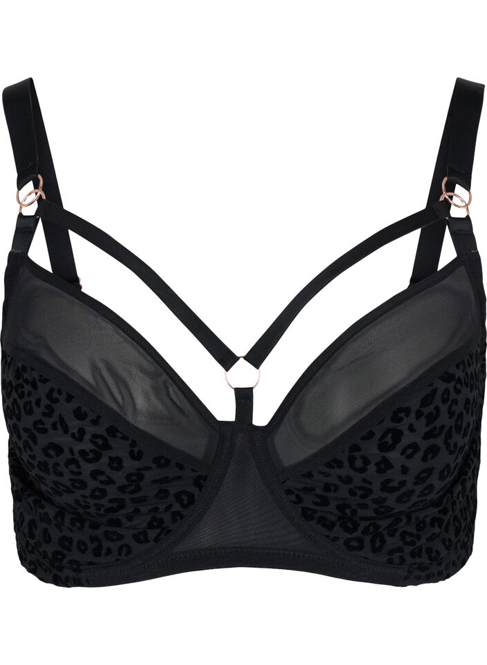 Patterned bra with mesh and thong, Black, Packshot image number 0