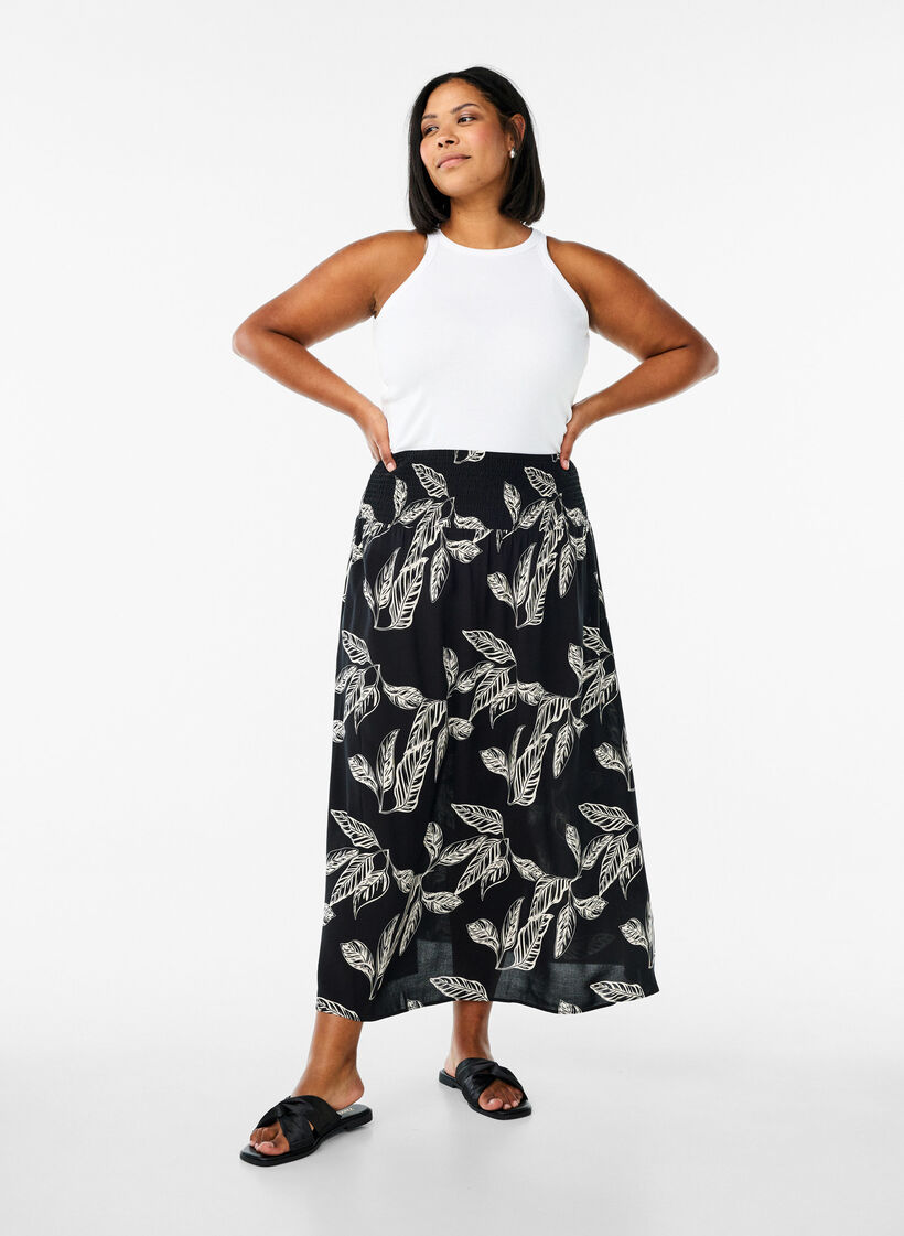 Viscose maxi skirt with smocking, Black, Model image number 0