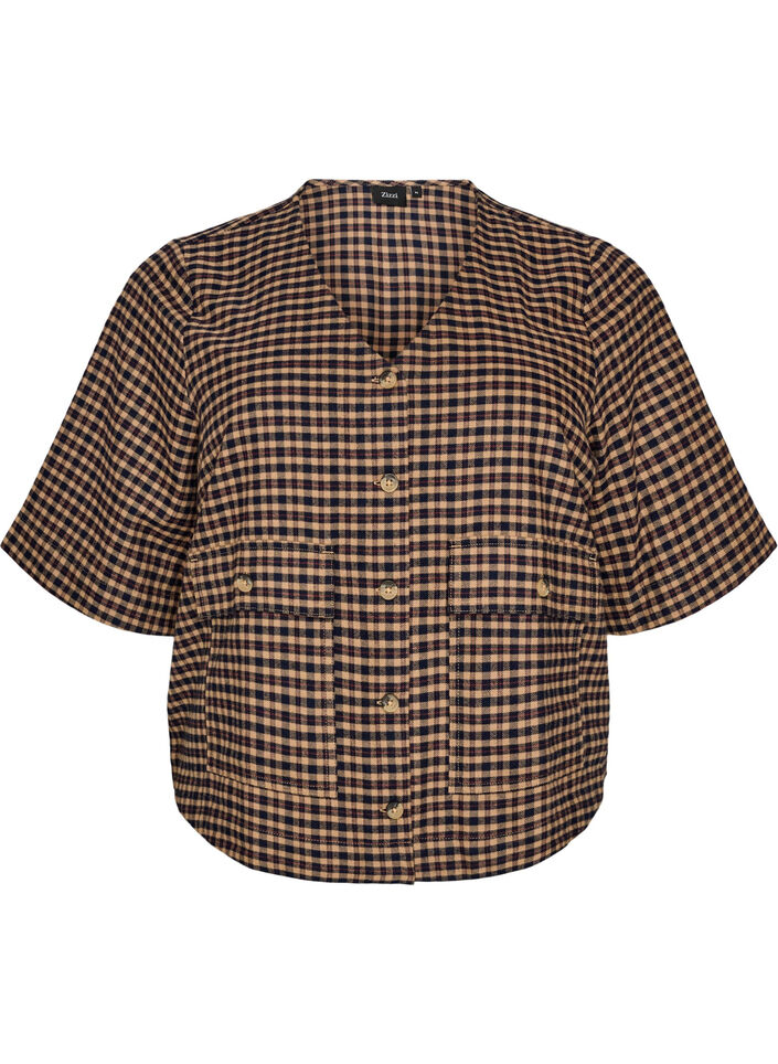 Checked blouse with chest pockets, Brown, Packshot image number 0