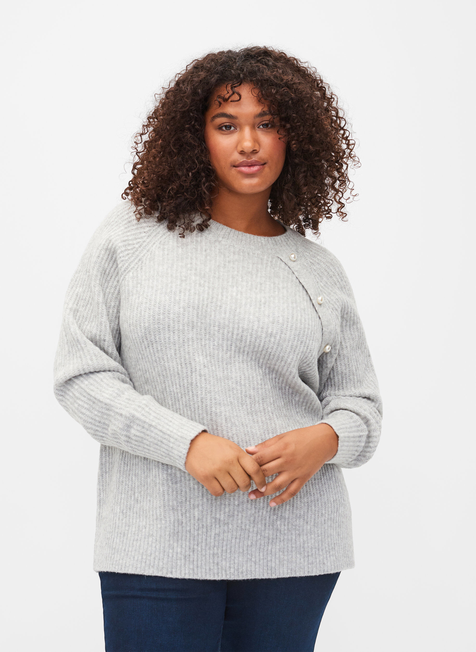 Zizzifashion Melange knit sweater with pearl buttons, Light Grey Melange, Model image number 0
