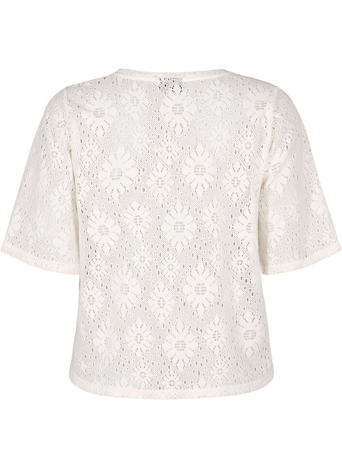 Blouse with an openwork pattern and short sleeves, Beige, Packshot image number 1