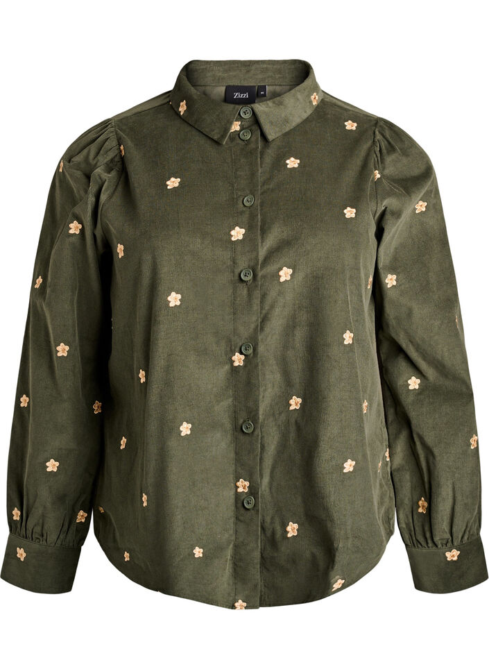 Corduroy shirt with embroidered flowers, Green, Packshot image number 0