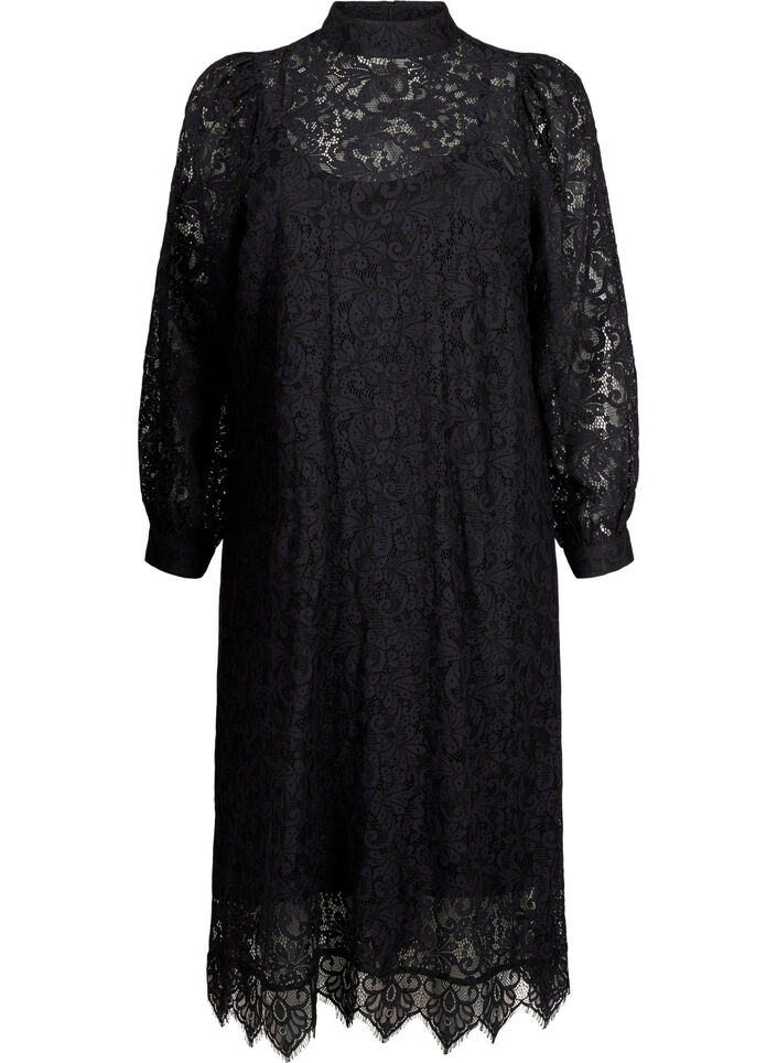 Long-sleeved lace dress with high neck, Black, Packshot image number 0