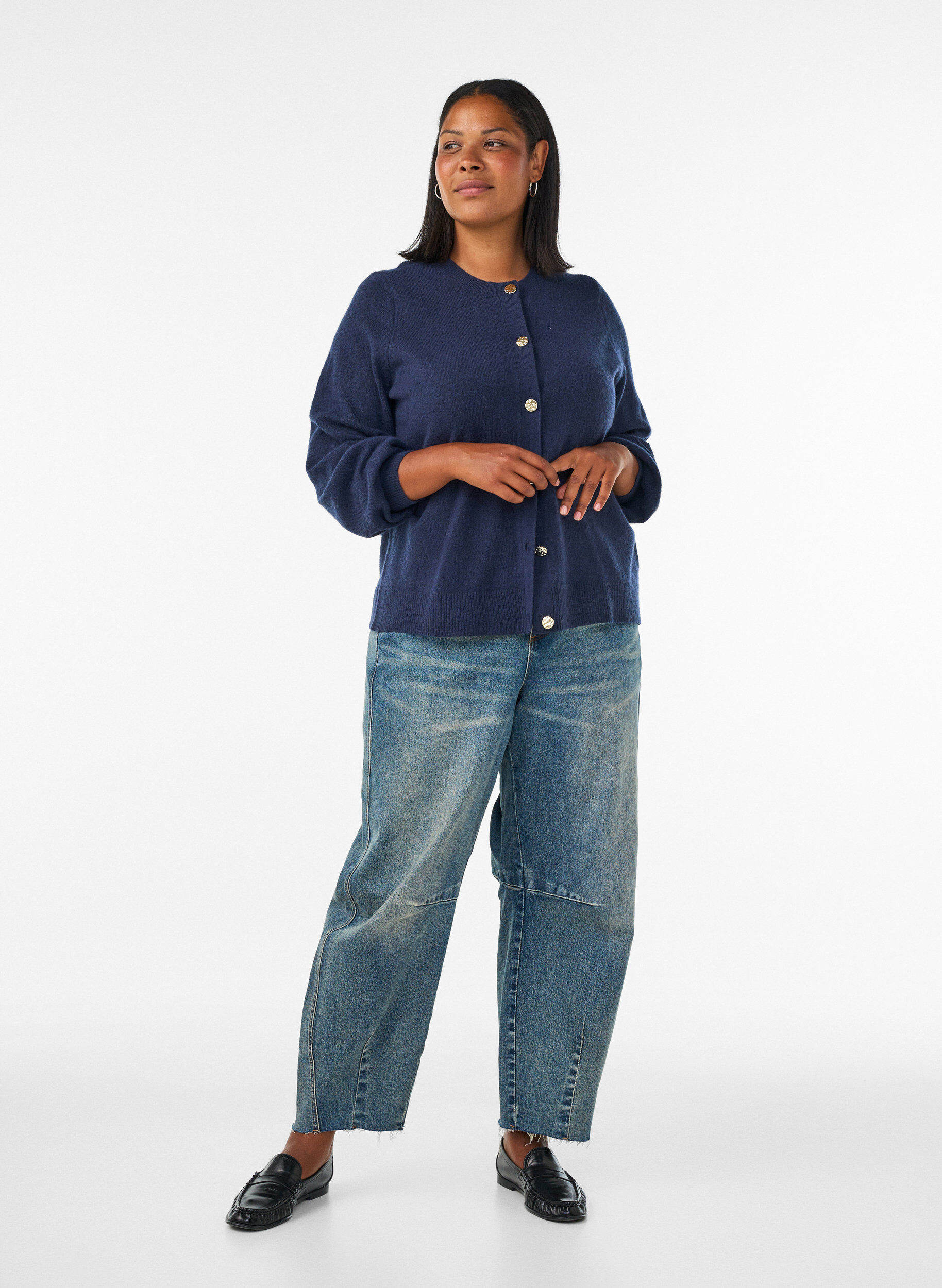 ZizzifashionCardigan in soft knit with gold-coloured buttons, Blue, Model image number 1