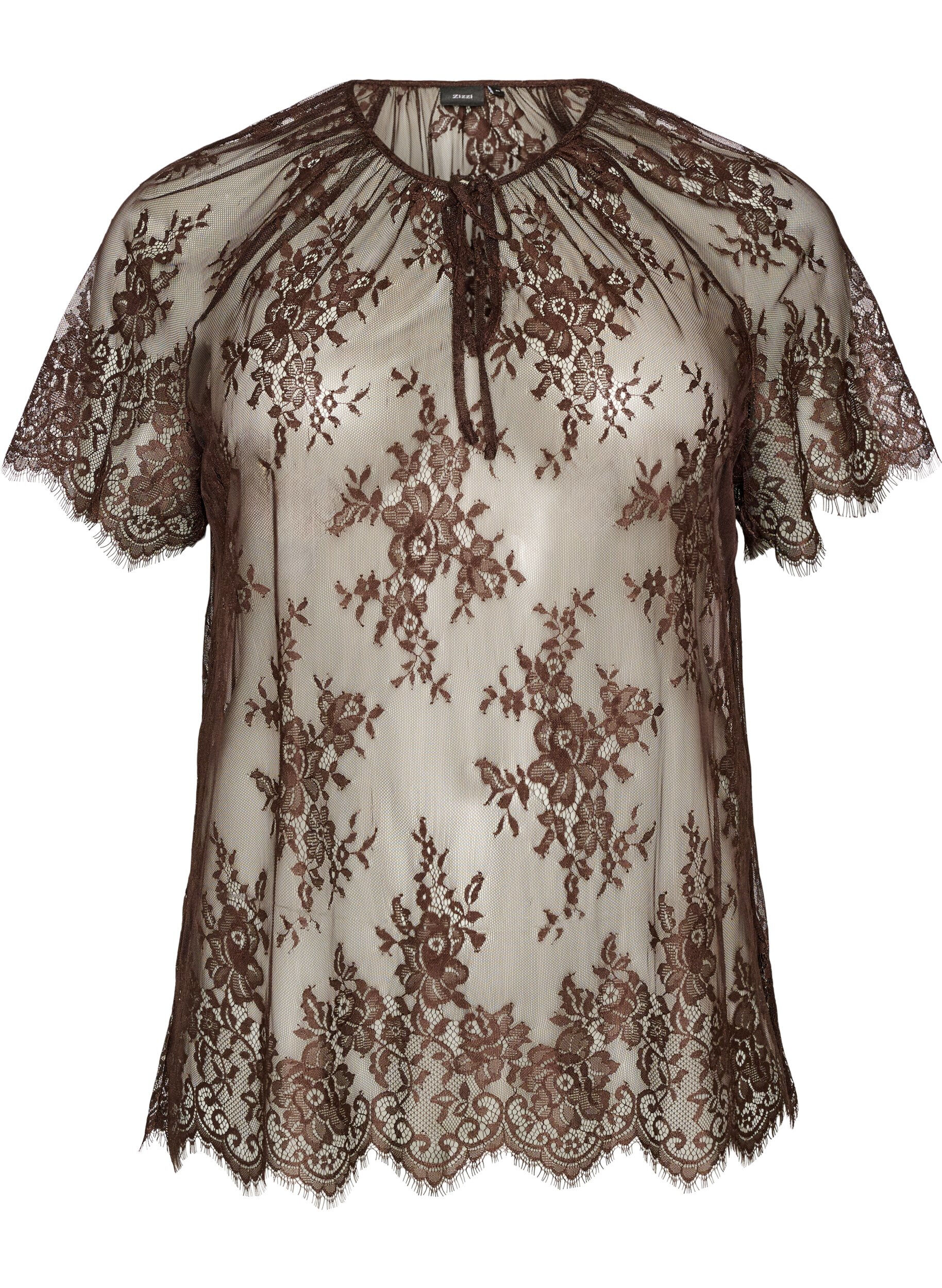 Zizzifashion Short-sleeved lace blouse with tie-fastening, Brown, Packshot image number 0