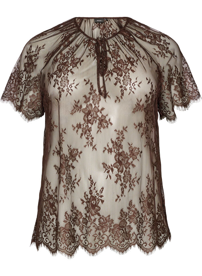 Short-sleeved lace blouse with tie-fastening, Brown, Packshot image number 0