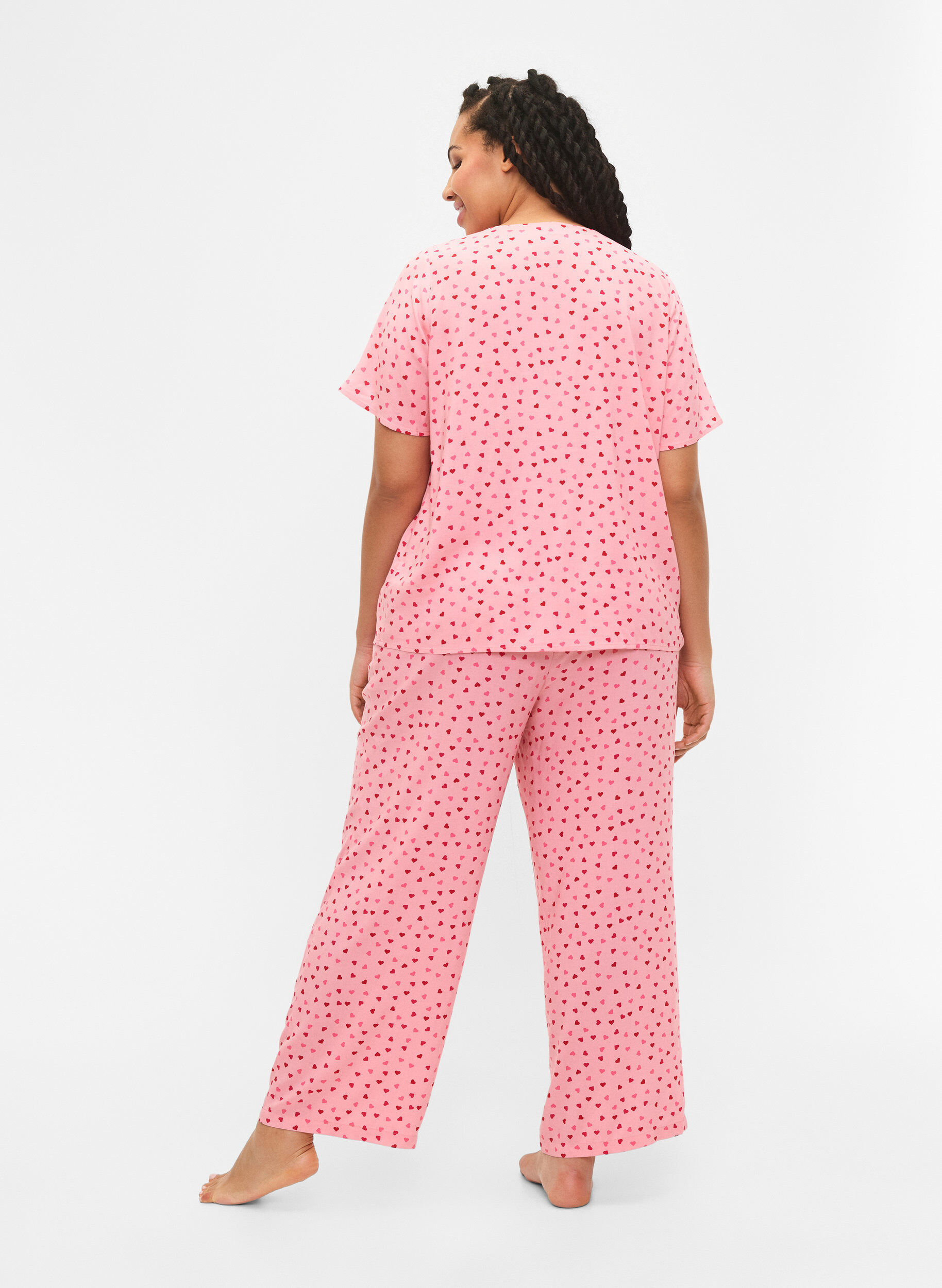 Zizzifashion Loose viscose pyjama bottoms with print, Pink Icing W. hearts, Model image number 1