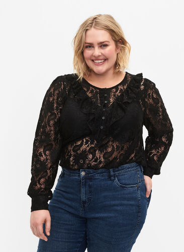 Lace top with frill detail, Black, Model image number 0