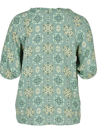 Printed viscose blouse with 3/4-length sleeves, Green Indian, Packshot image number 1