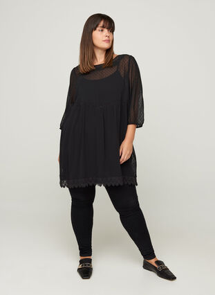 Textured tunic with 3/4 length sleeves, Black, Model image number 3