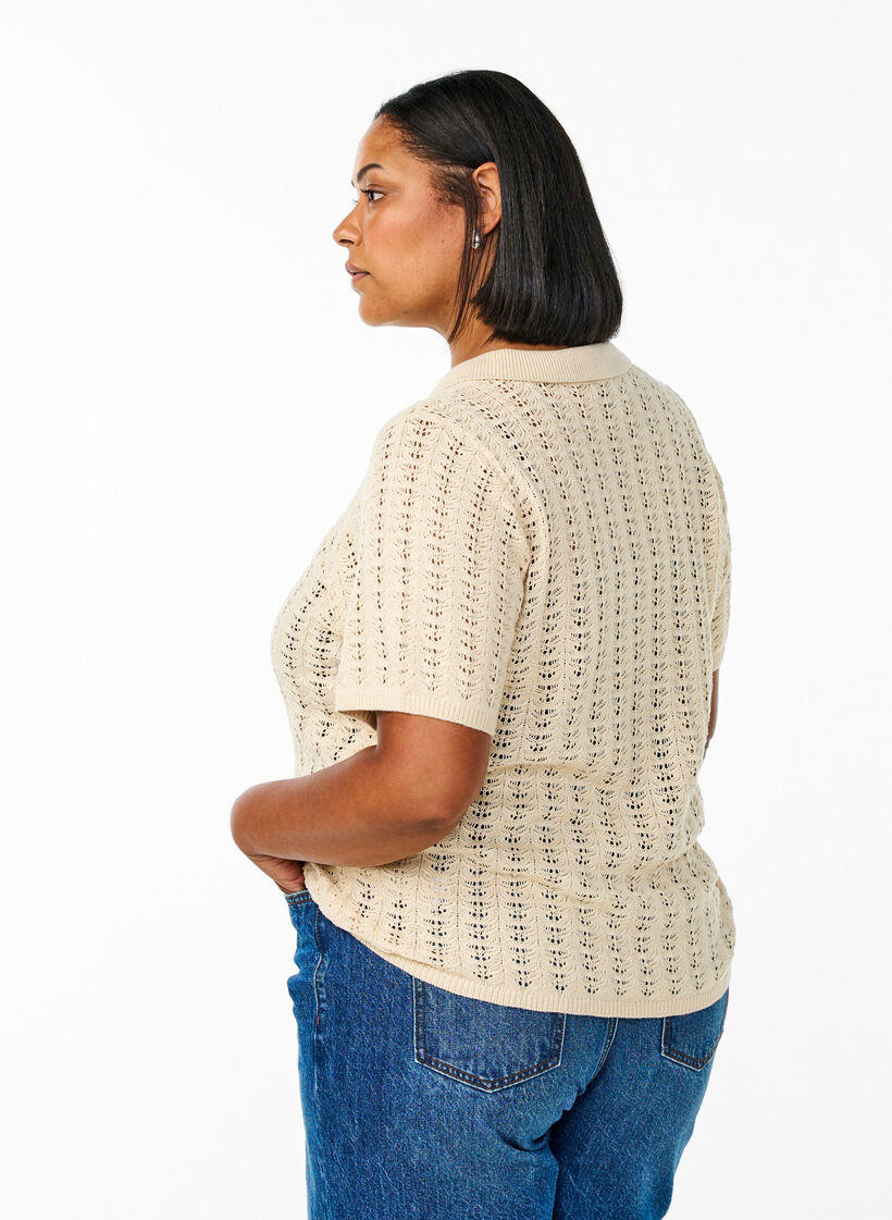 Knitted polo shirt with eyelet pattern, Beige, Model image number 2