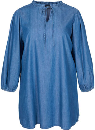 Cotton denim dress with tie-string, Blue denim, Packshot image number 0