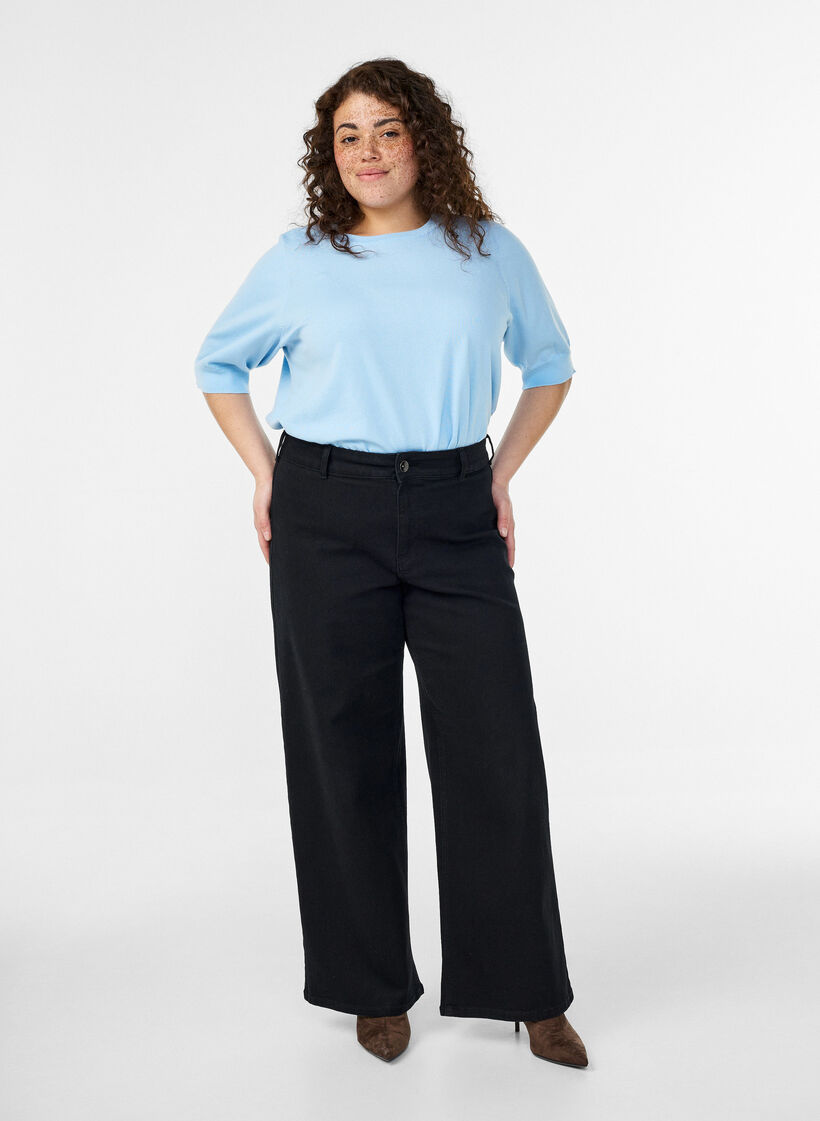 Fine-knit blouse with short sleeves, Light Blue, Model image number 1